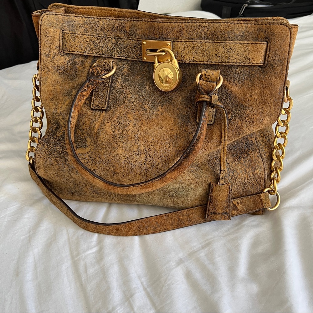 Designer Distressed Brown Leather Shoulder Bag, Gold Hardware Large Shoulder Bag